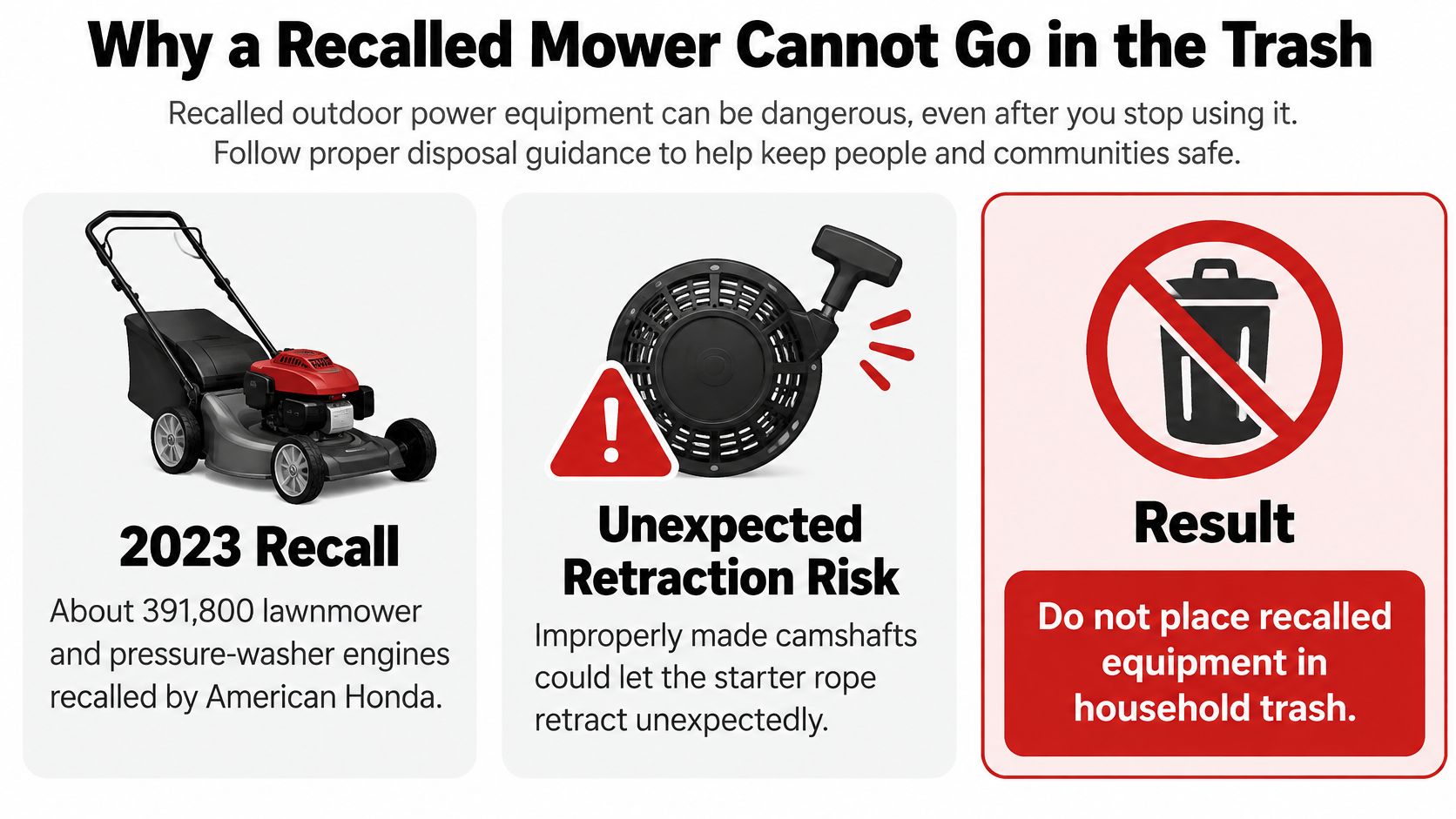 An infographic explaining why American Honda lawnmowers and pressure washers from the 2023 recall cannot be trashed.