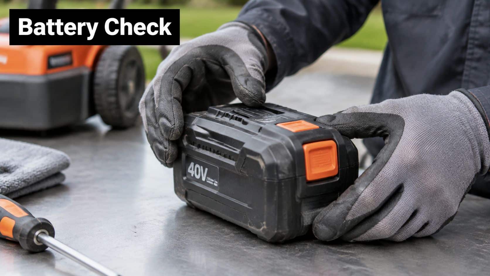 A person wearing protective gloves inspecting a 40V lithium-ion battery pack for outdoor power equipment.