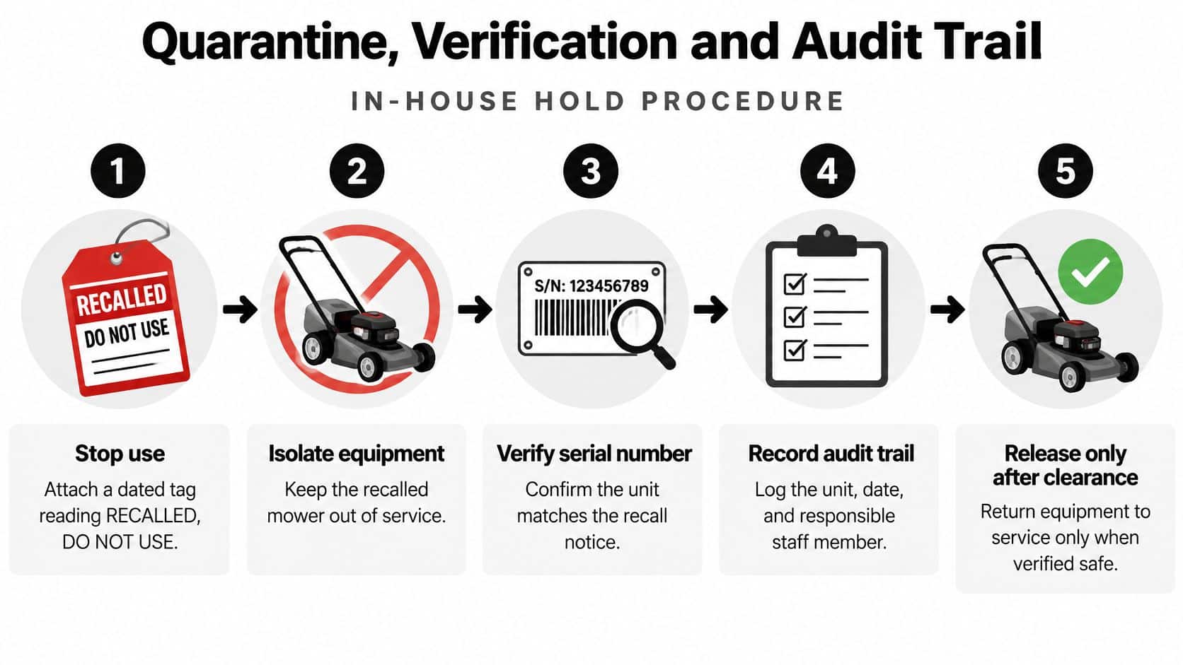 A five-step flowchart illustrating the in-house hold procedure for managing recalled outdoor power equipment safely.