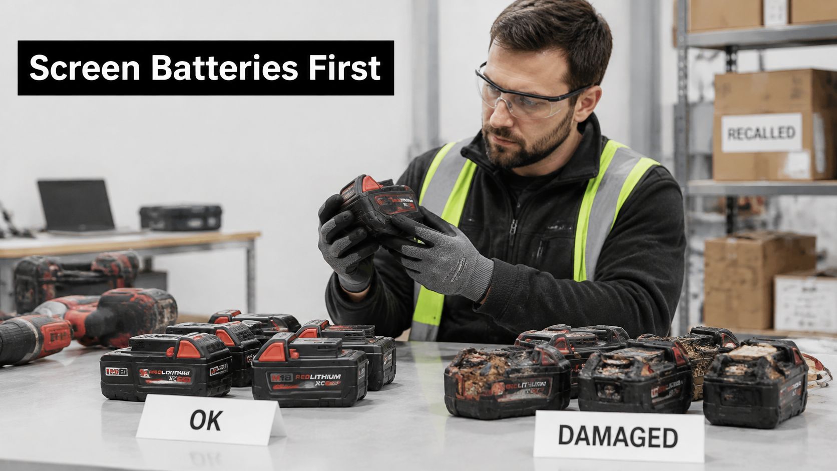 A professional technician carefully inspects power tool batteries, separating functional units from damaged and recalled equipment.
