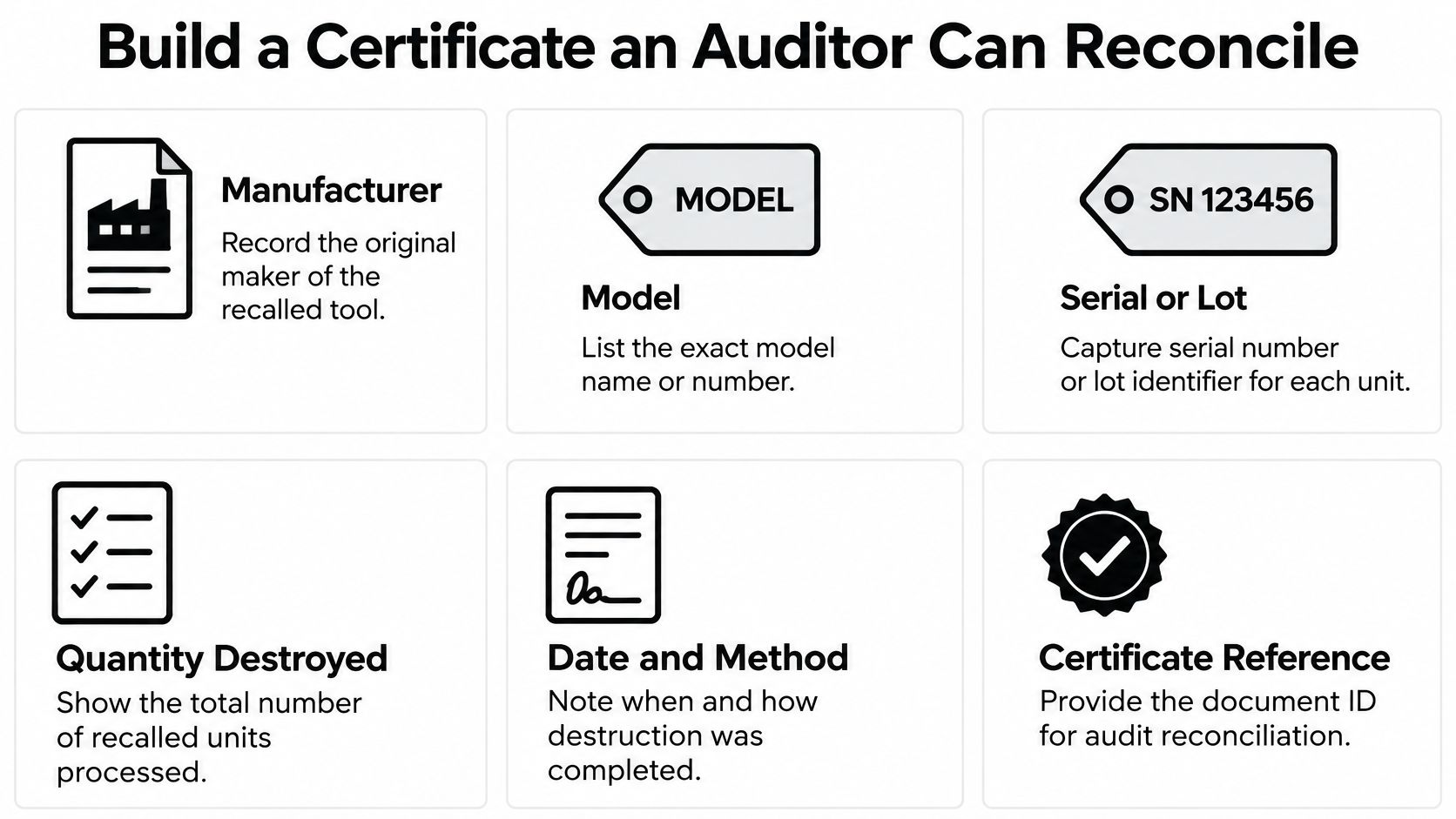 An infographic showing six essential components needed to create a recall destruction certificate for auditors.