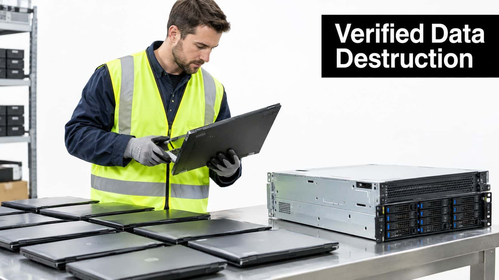 A technician wearing a reflective vest inspects laptops and a rack server for professional data destruction services.