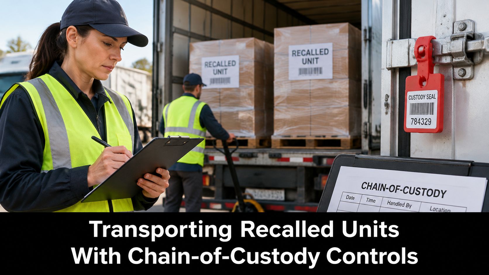 A logistics worker verifying paperwork and a custody seal for the transport of recalled inventory units.