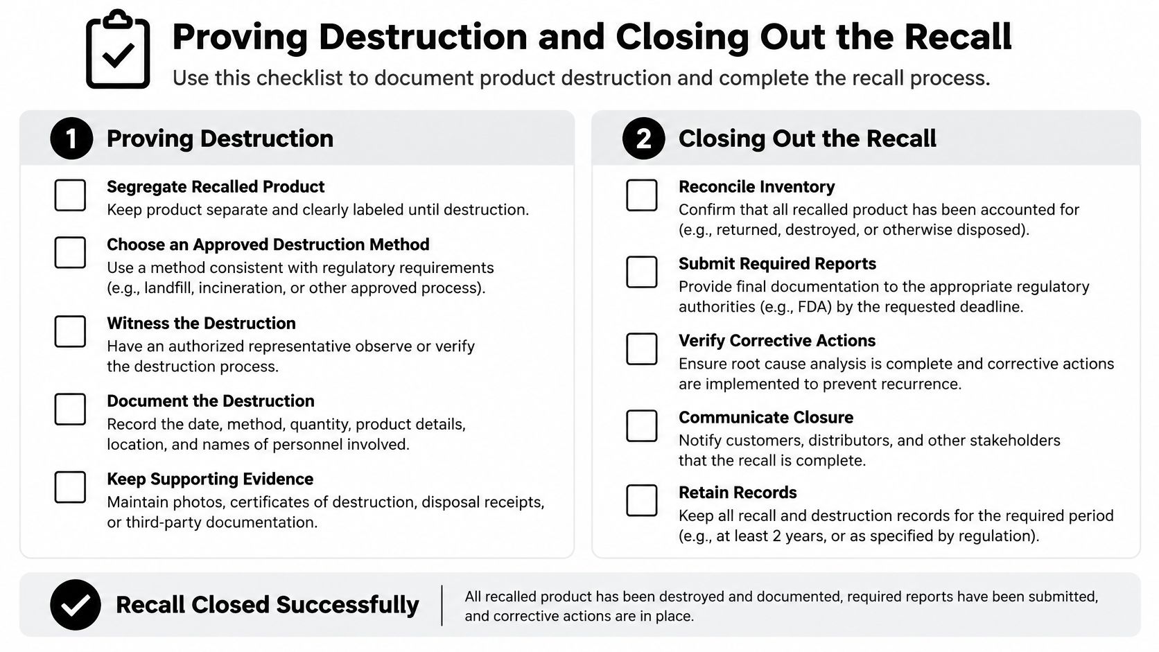 A checklist for businesses outlining the steps for proving product destruction and closing out a recall process.