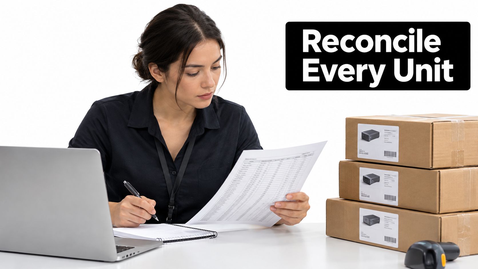 A professional woman checking inventory documents at a desk next to boxes for product reconciliation.