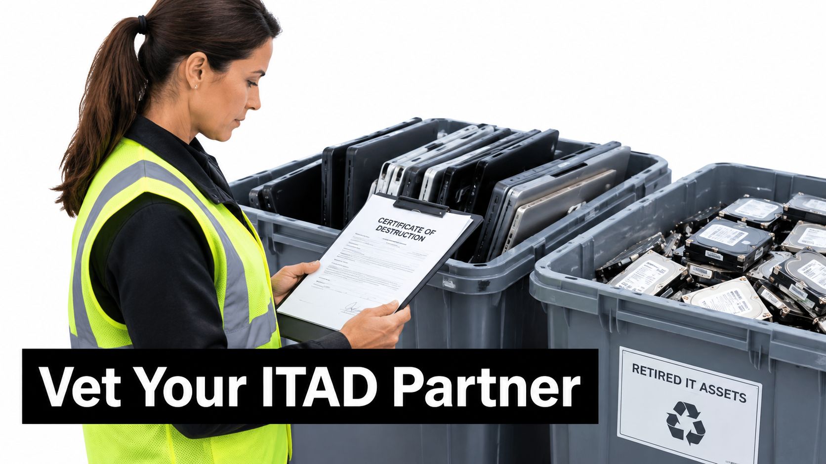 A professional wearing a safety vest checks a certificate of destruction for recycled computer hardware components.