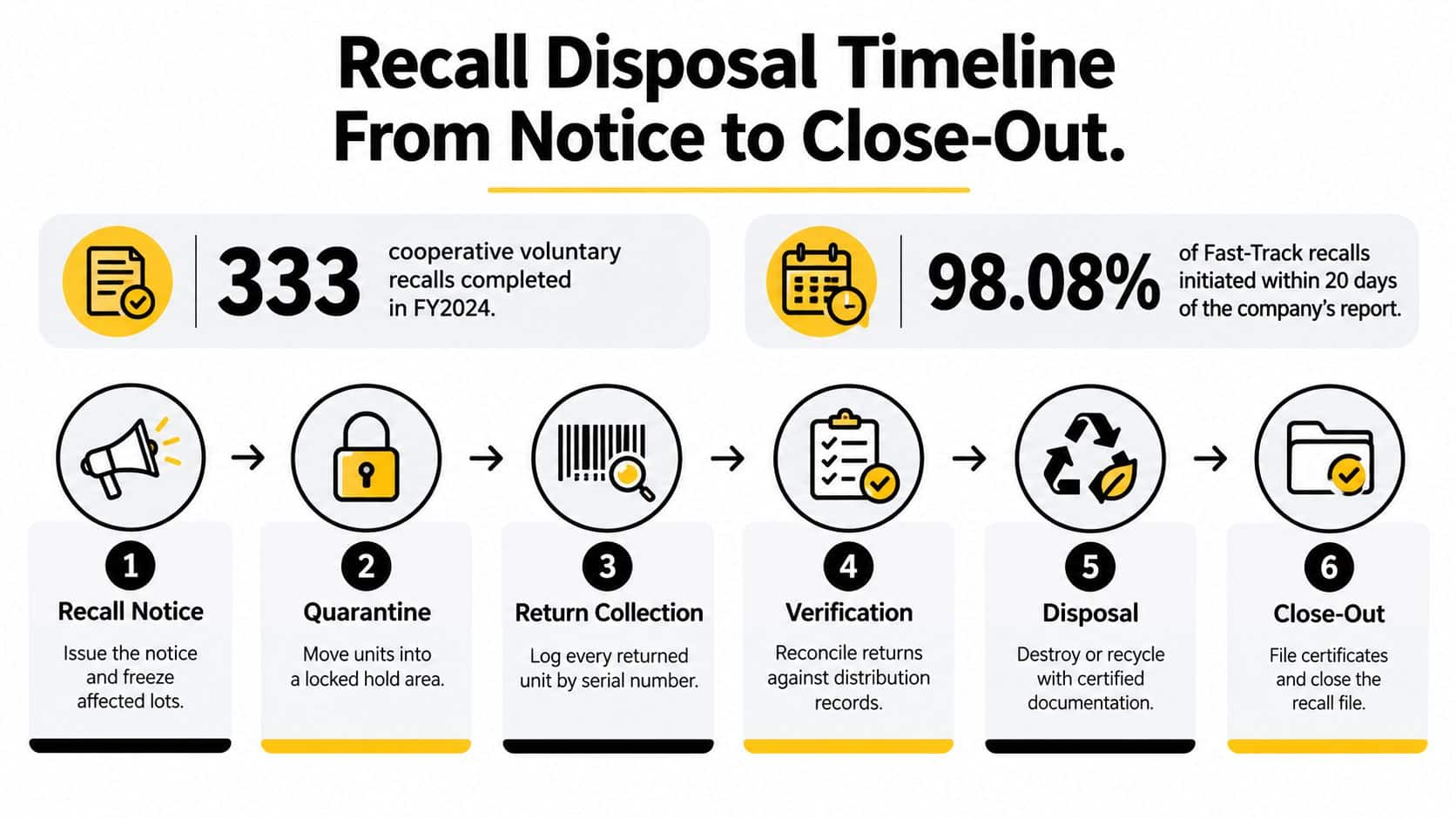 A diagram illustrating the six-step recall disposal timeline process for manufacturers from initial notice to final close-out.