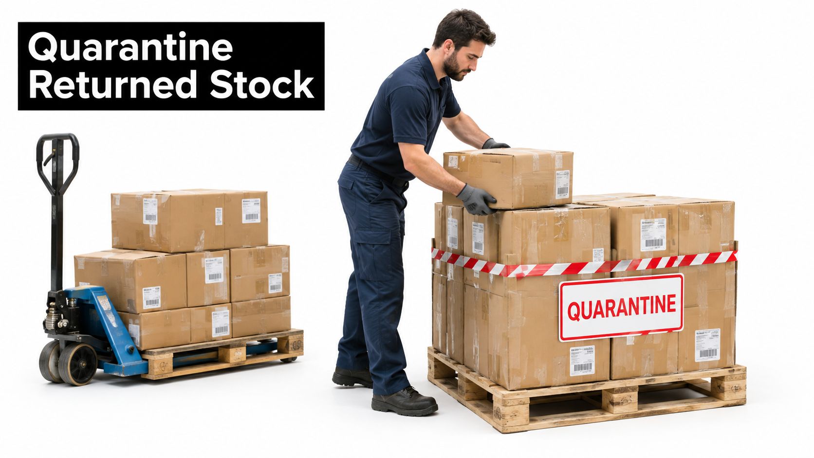 A warehouse worker in blue uniform arranging cardboard boxes labeled with a quarantine sign on a wooden pallet.