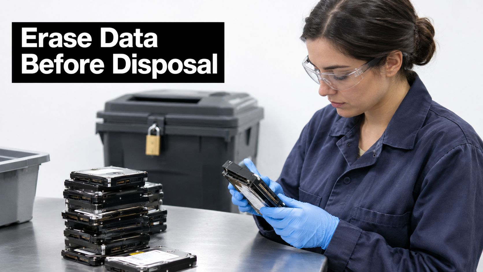 A technician wearing safety glasses and blue gloves inspects a stack of hard drives for secure data disposal.