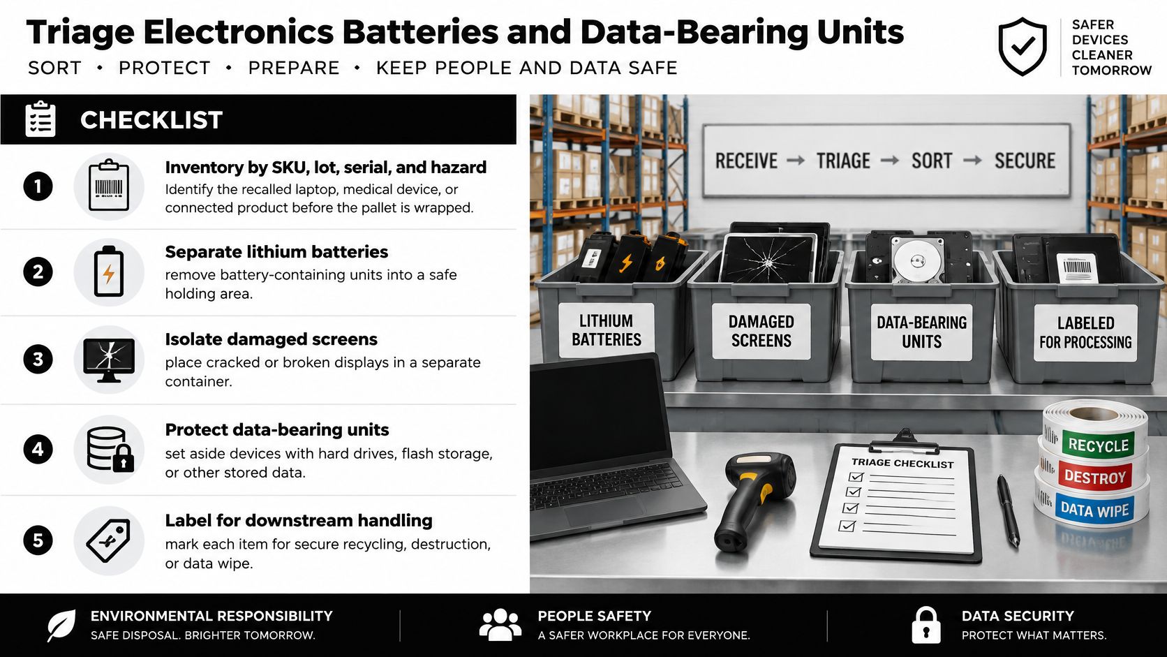A warehouse safety infographic showing a five-step checklist for sorting and protecting electronic batteries and data-bearing units.