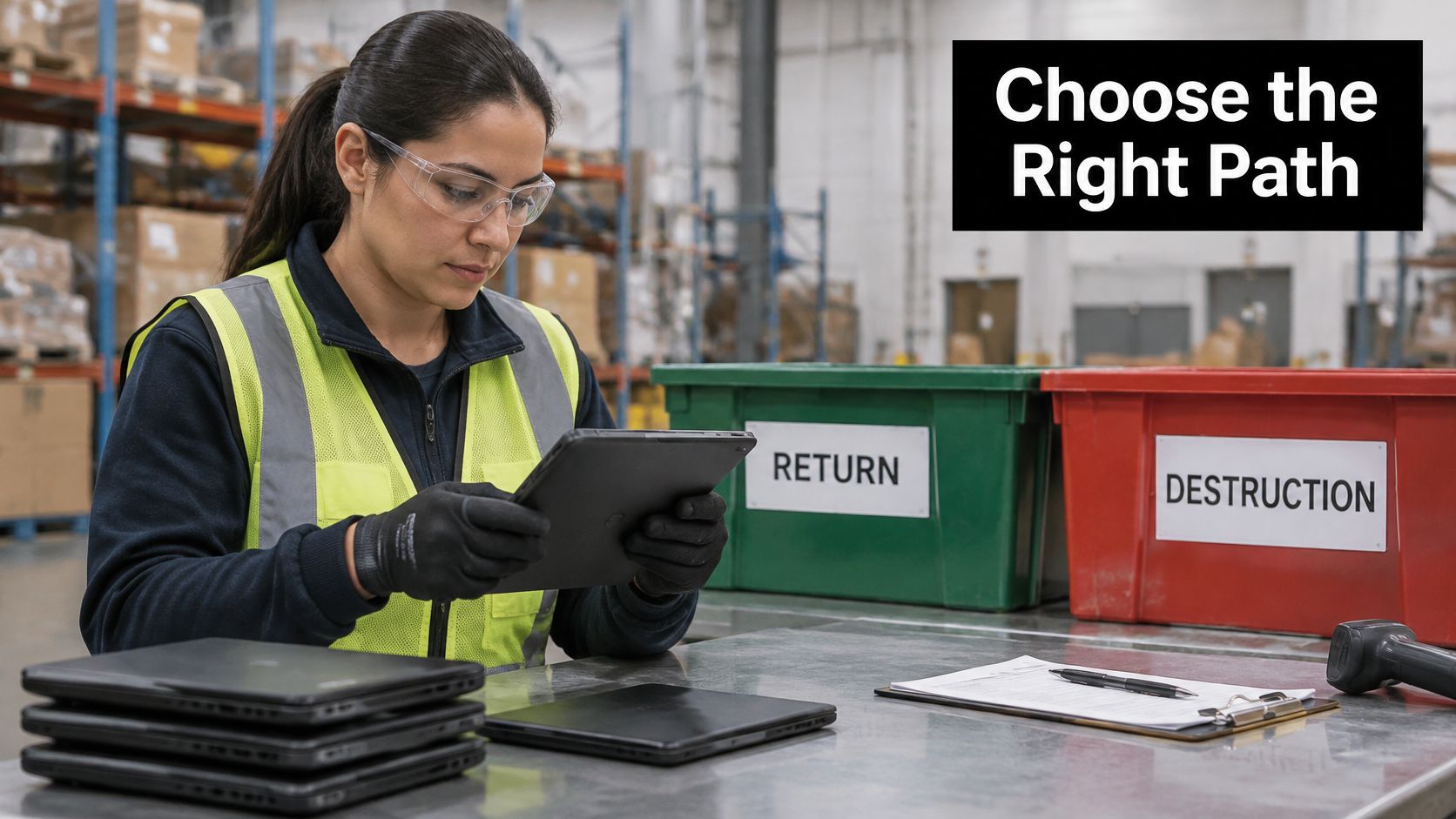 A warehouse worker in a safety vest reviewing tablets for return or destruction processes.