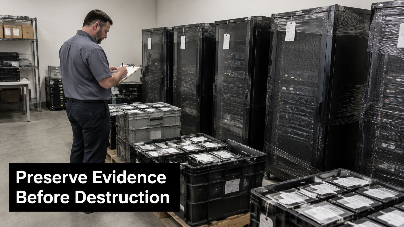 A technician records data from hard drives stored in crates before undergoing the destruction process.