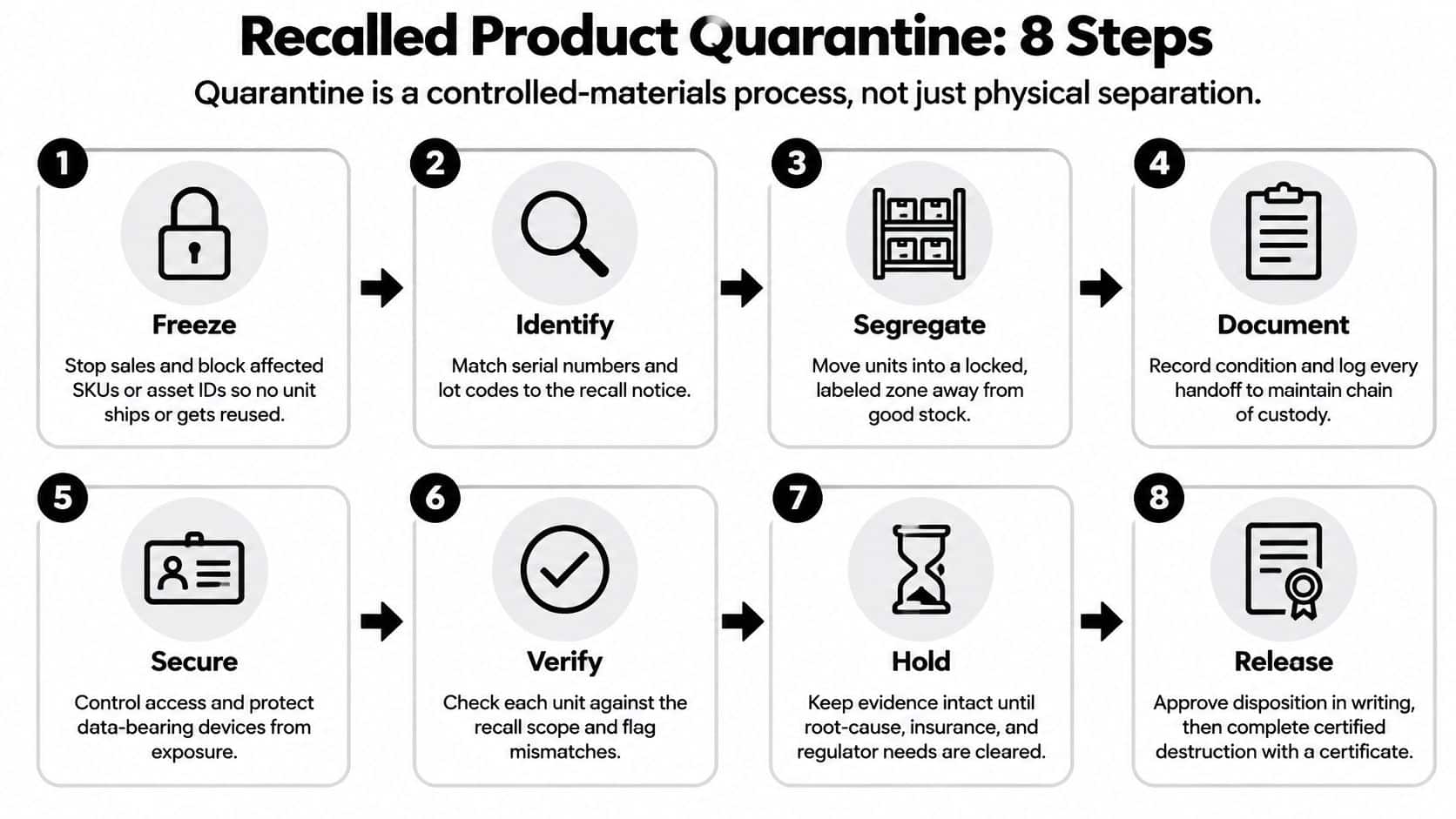 A diagram illustrating the 8-step process for quarantine of recalled products in a professional supply chain.