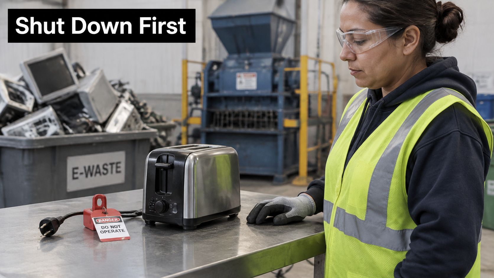 A worker in a warehouse prepares to process a metal toaster marked with a danger tag.