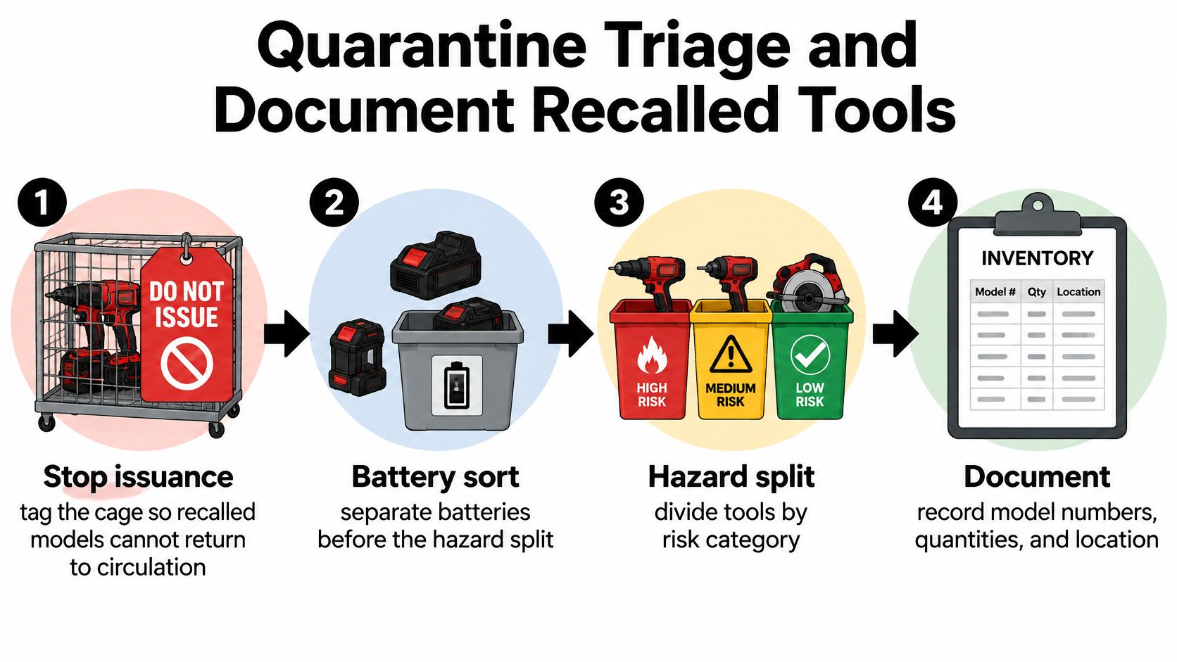 A four-step infographic showing how to quarantine, sort, categorize, and document recalled tools for workplace safety.