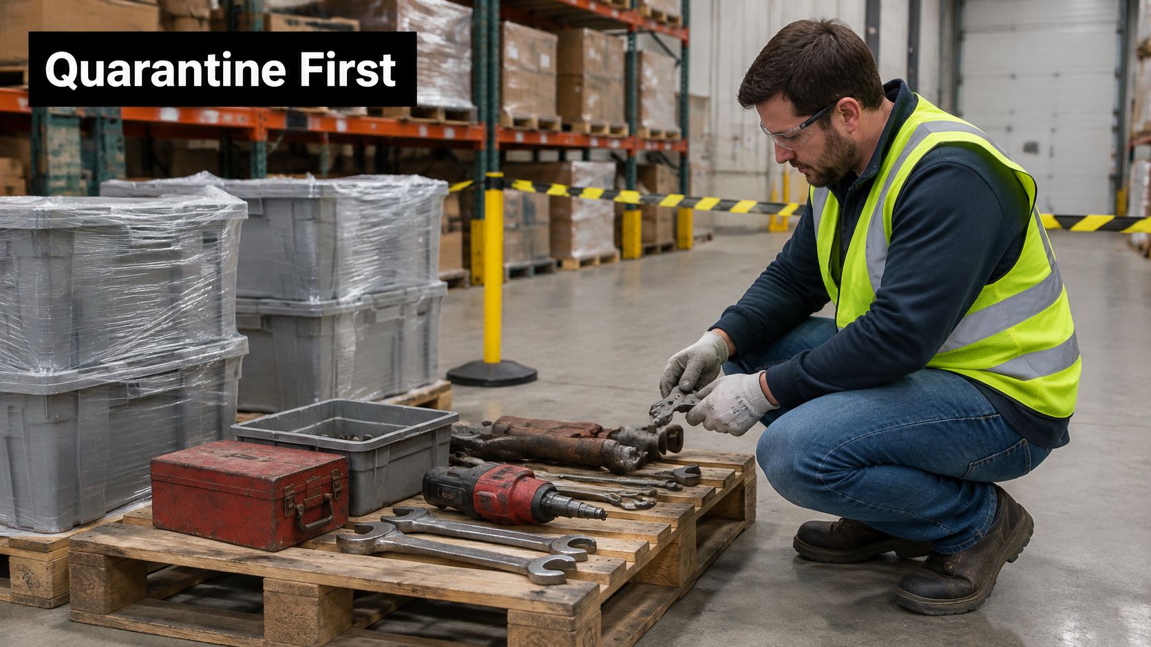 A technician wearing safety gear inspects old tools on a wooden pallet in a warehouse setting.