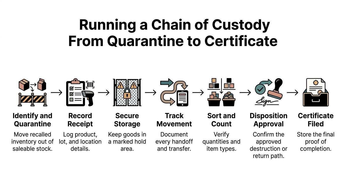 A process flow chart illustrating the seven steps of managing a chain of custody during product recalls.