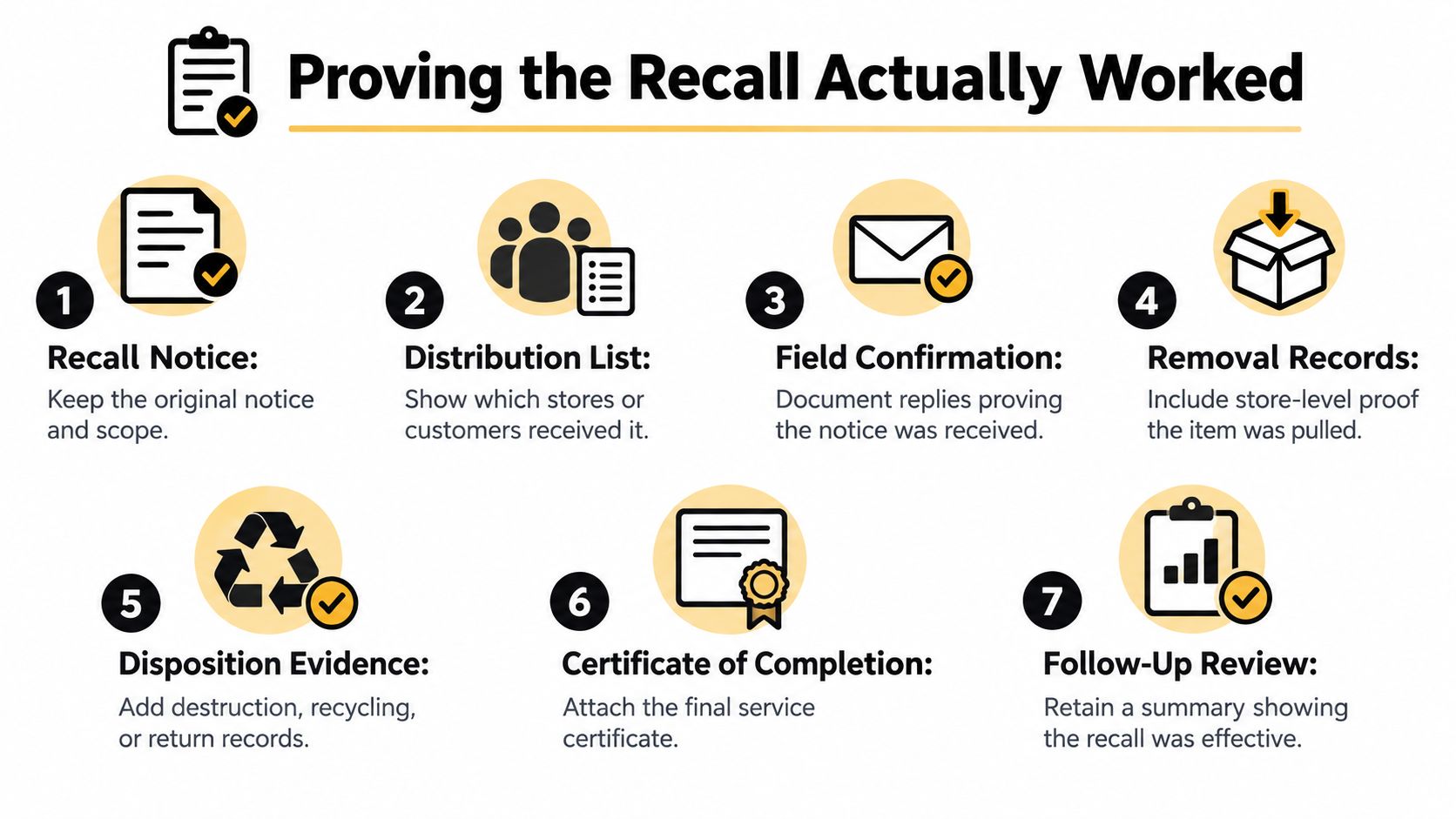 A seven-step checklist graphic illustrating the essential documentation required to prove a successful product recall process.