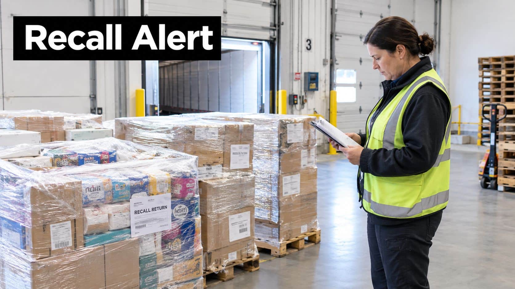 A warehouse worker in a high-visibility vest reviews a clipboard near pallets of retail products.