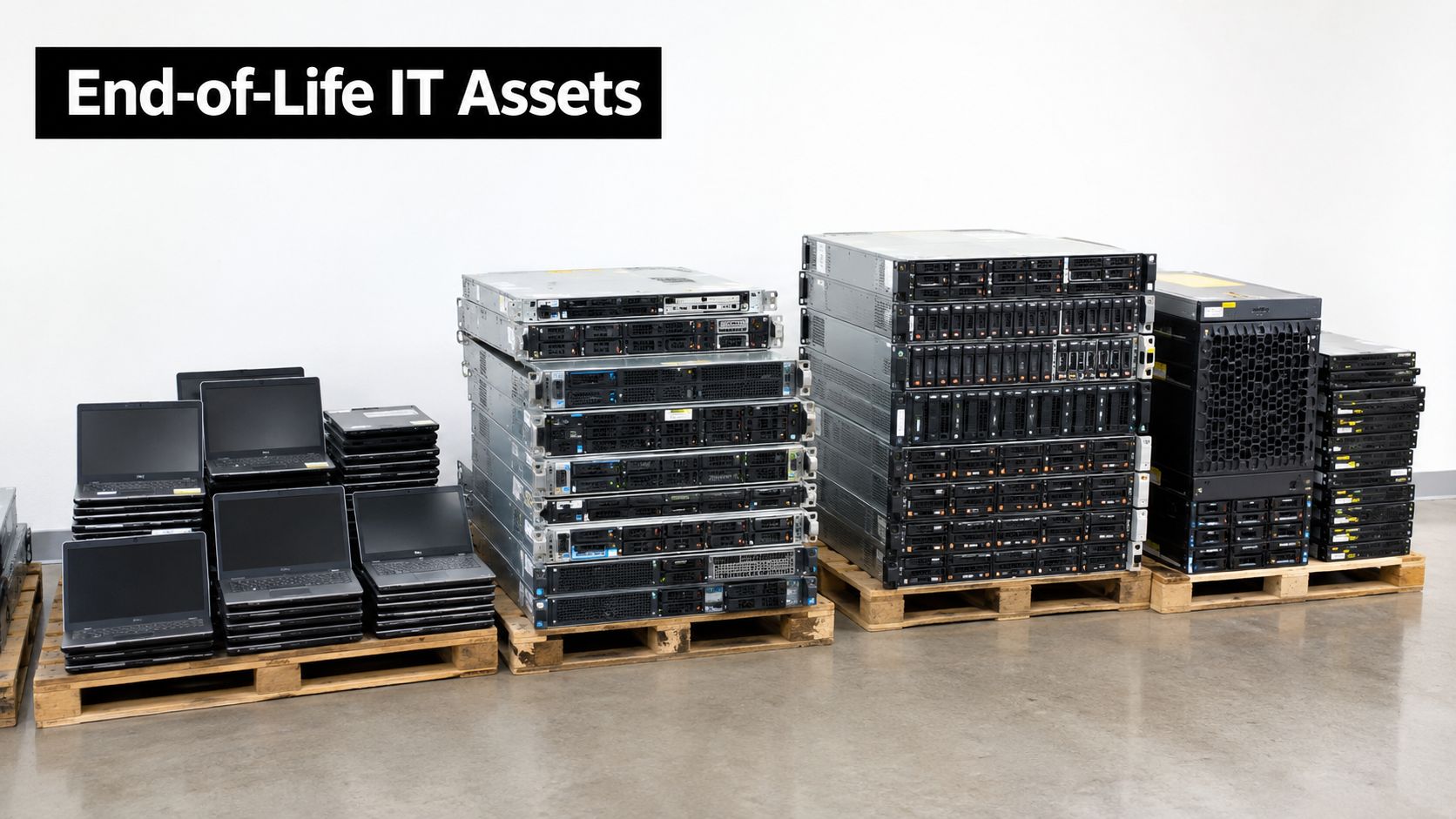 Several pallets stacked with end-of-life laptops and server equipment ready for secure data destruction and recycling.