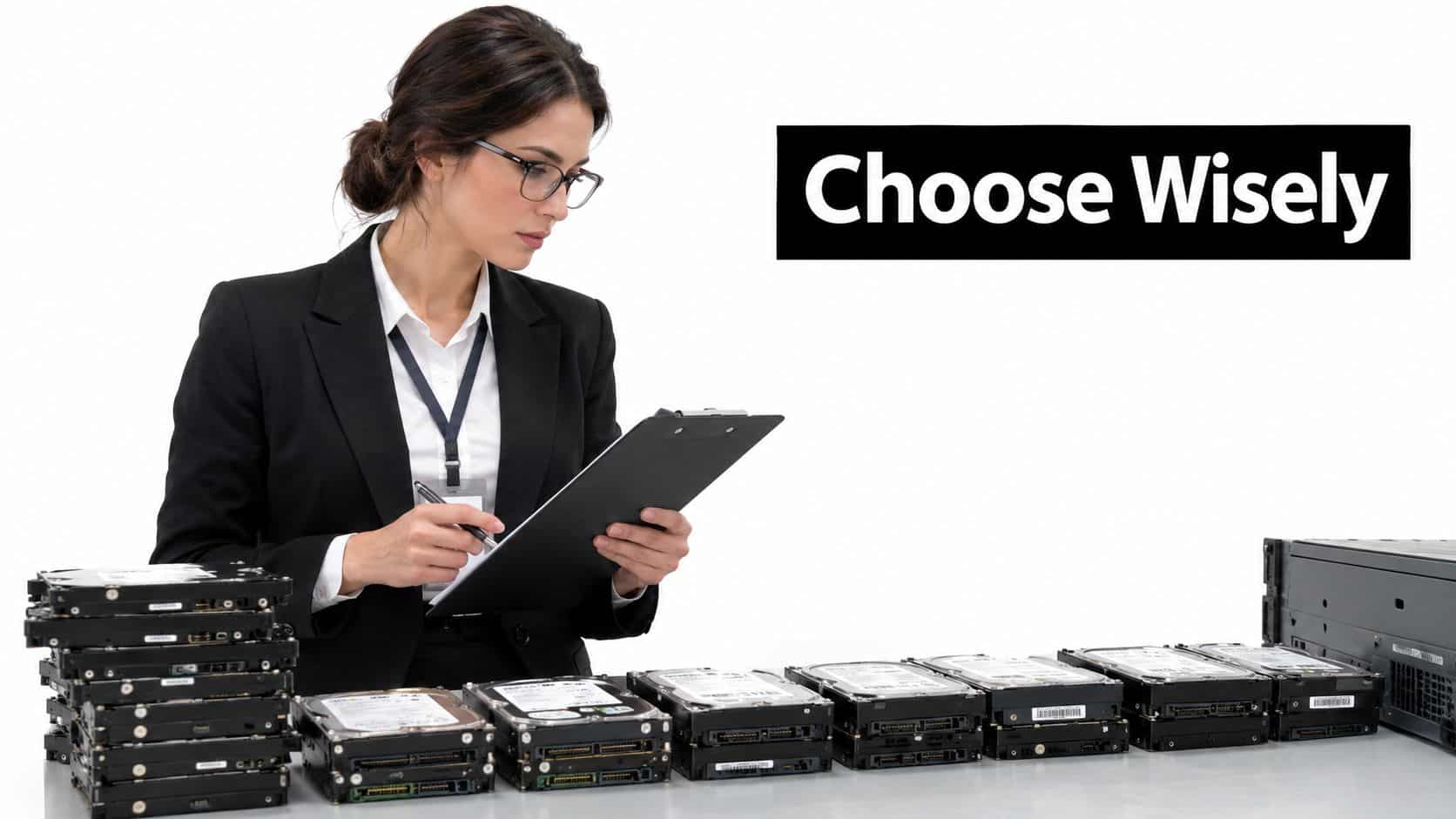 A professional woman in a suit inspects a stack of hard drives with a clipboard for secure data destruction.