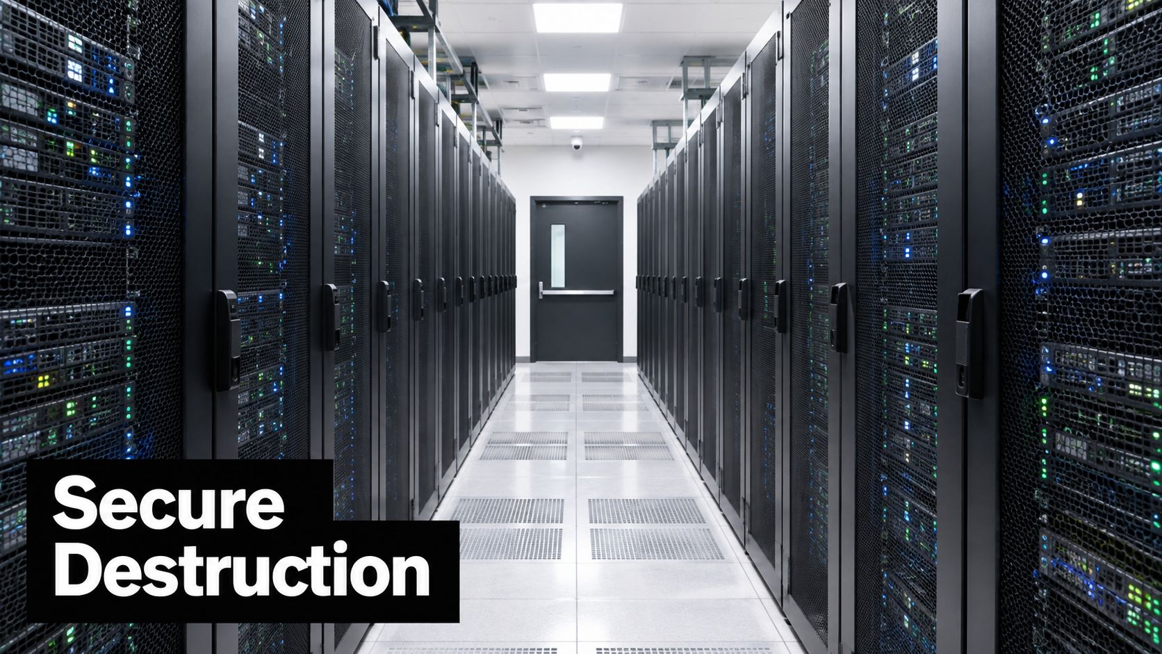 A professional view of a modern data center aisle lined with numerous server racks.