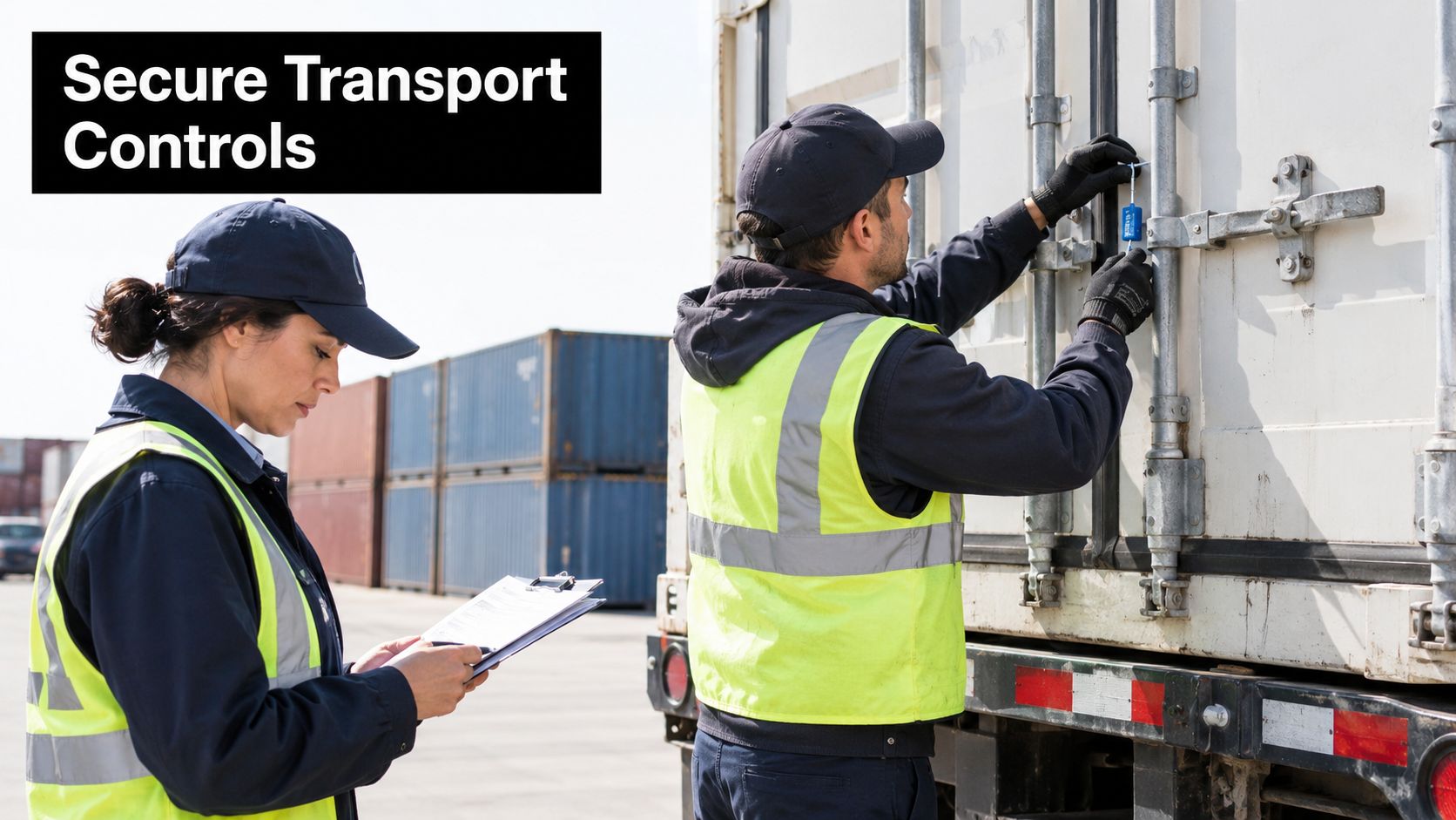 A male and female worker in high-visibility vests securing a freight container with a cargo seal.