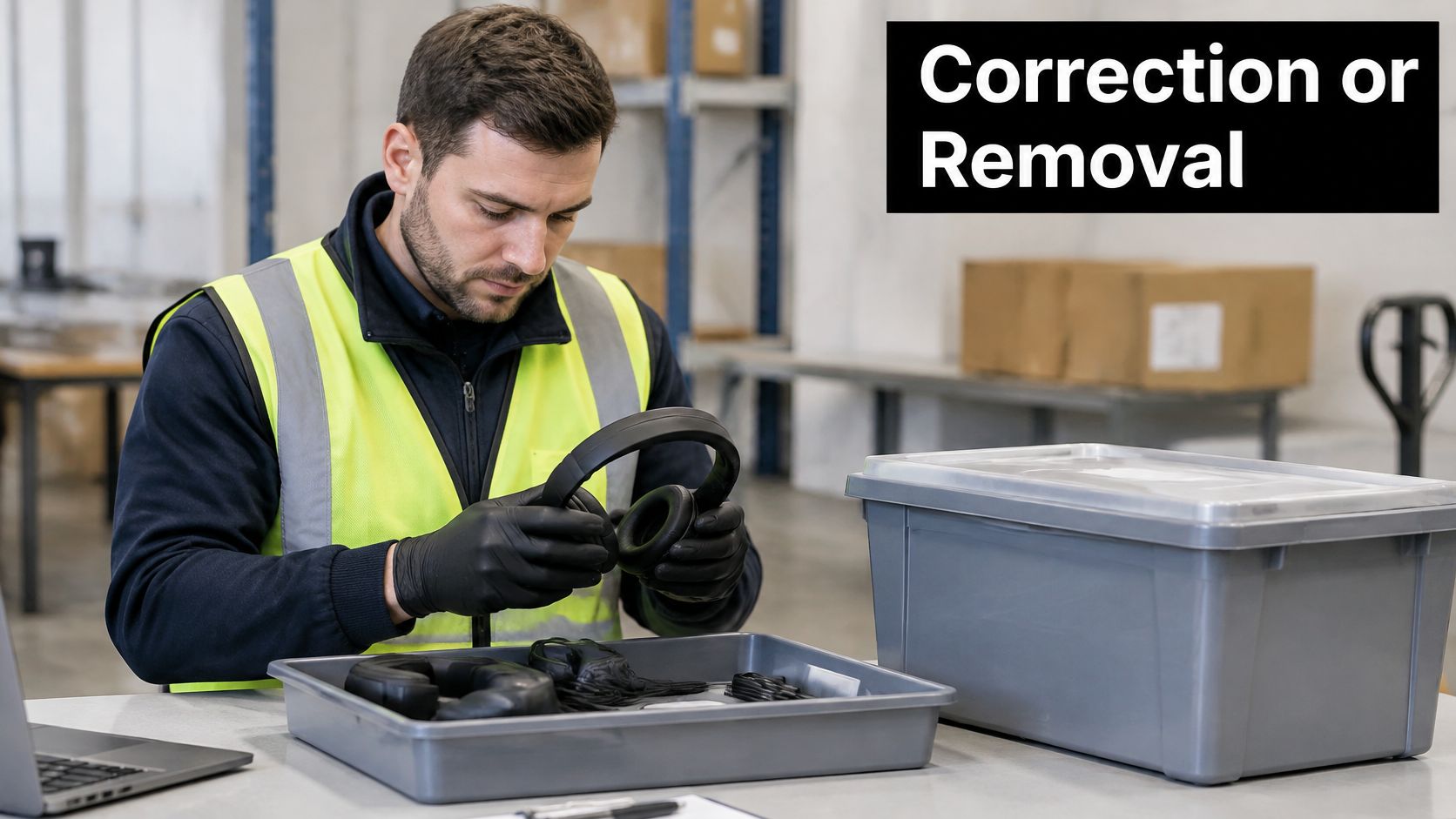 A worker in a warehouse inspects black headphones for quality control before processing for secure disposal.