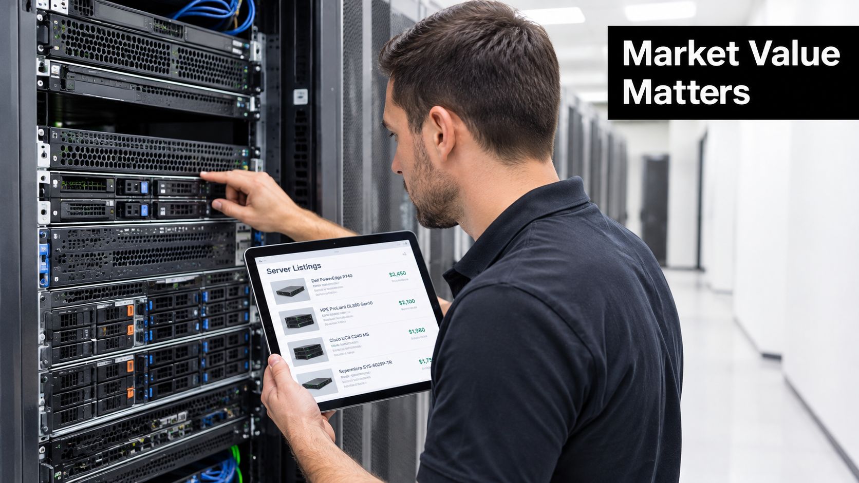 A technician inspects a server rack while reviewing equipment prices on a tablet in a data center.