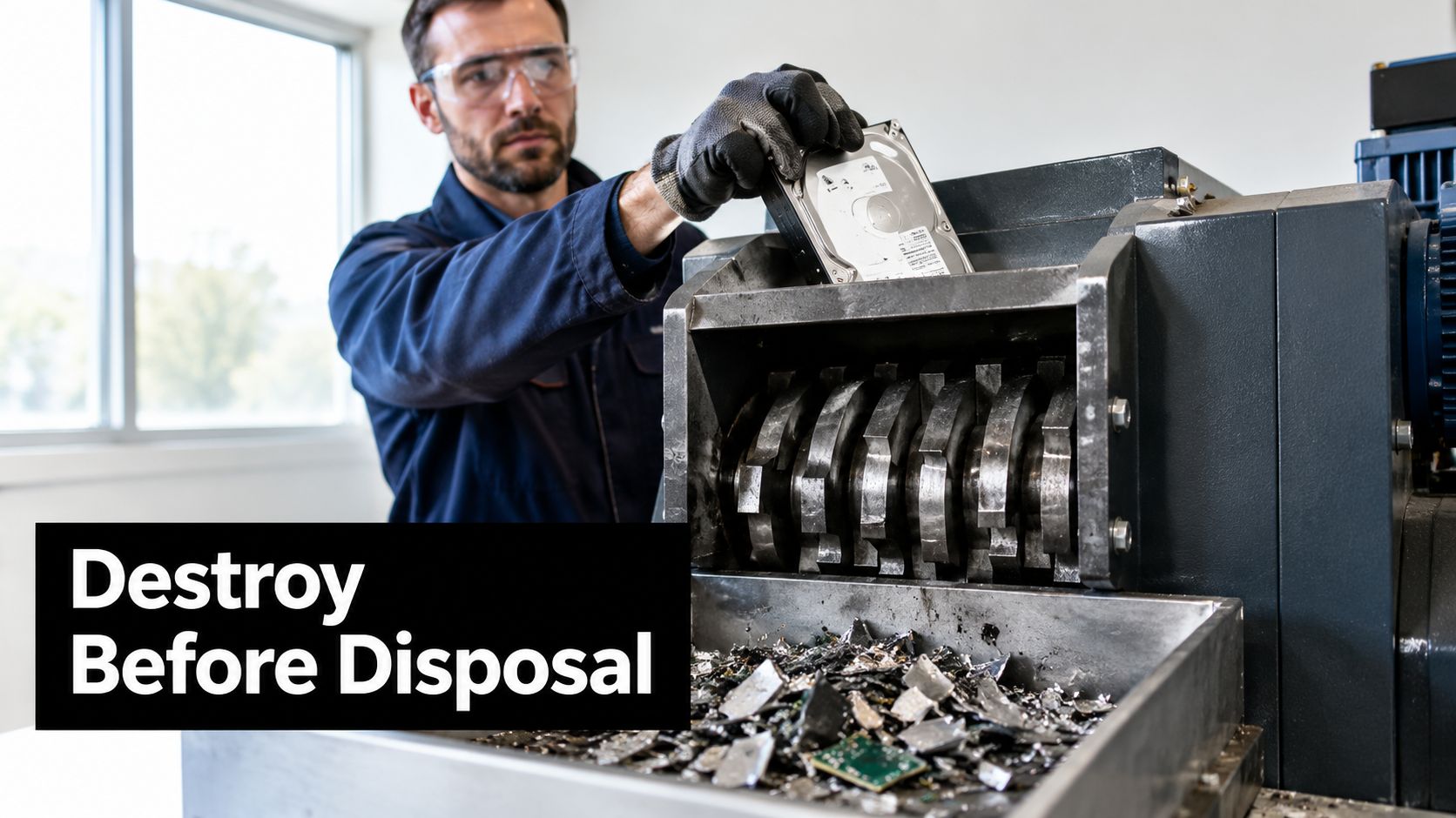 A technician wearing protective eyewear shreds a hard drive to securely destroy sensitive data before disposal.