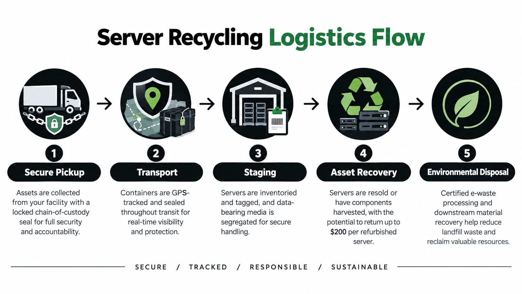 A diagram illustrating the five-step server recycling logistics process from secure pickup to environmental disposal.