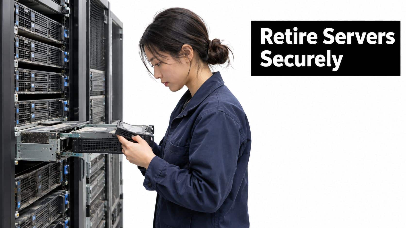 A female technician holding a hard drive while working on a server rack to retire hardware securely.