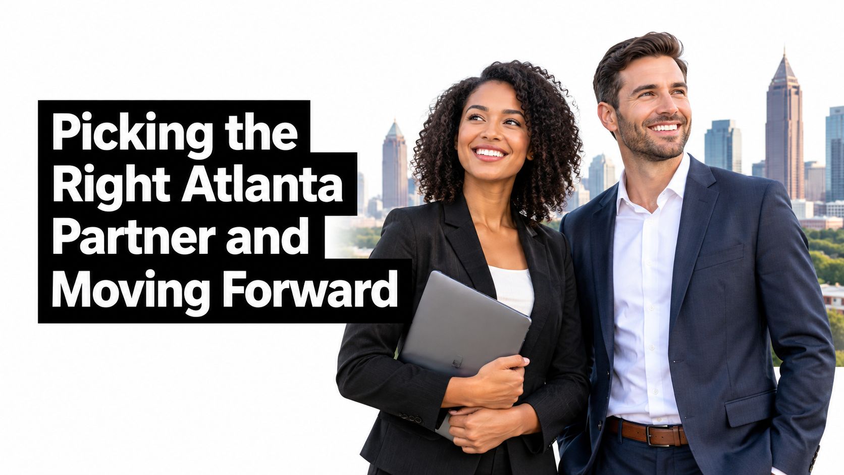 A professional man and woman smiling while looking toward the Atlanta skyline for business partnership.
