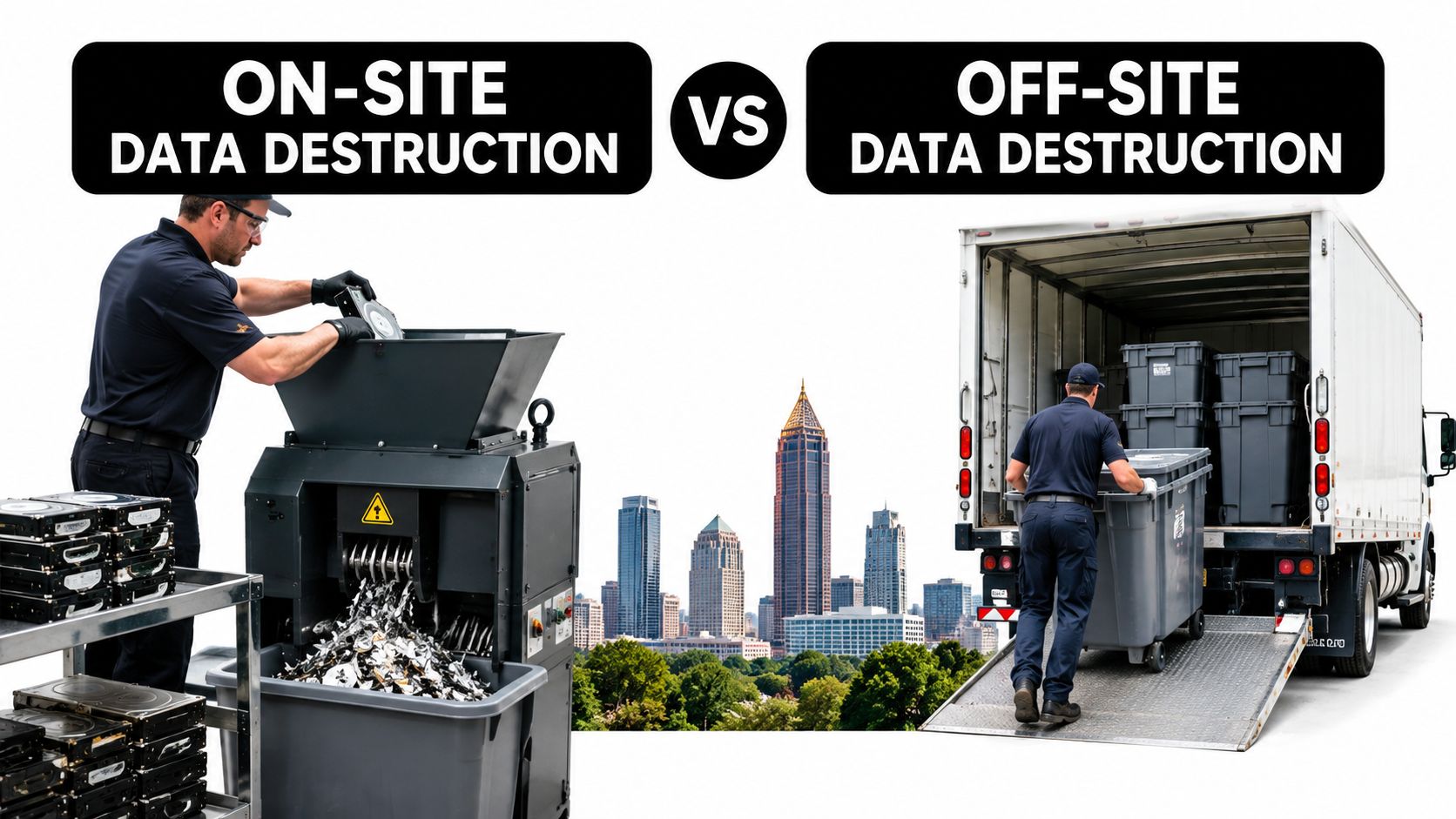 A split image comparing on-site data destruction shredding services against off-site data removal using transport trucks.