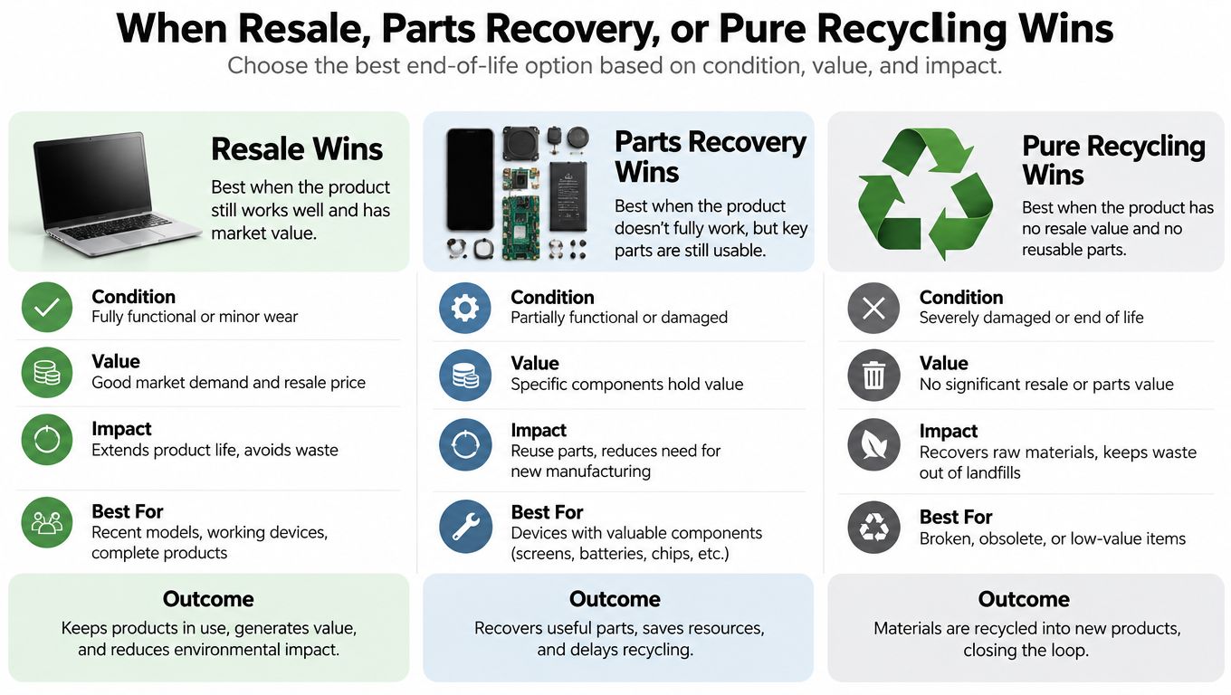 A flowchart guide explaining how to choose between reselling, parts recovery, or recycling for electronic end-of-life.